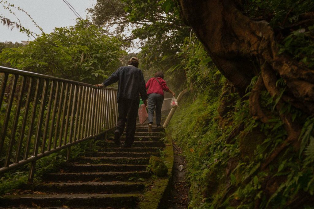 壁癌、滲水、兩人在雨中攀爬的山梯，都是反覆出現在影像中的細節。